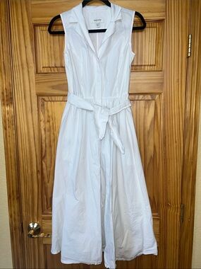 Isaac Mizrahi White Sleeveless Collared Midi Dress with Waist Tie